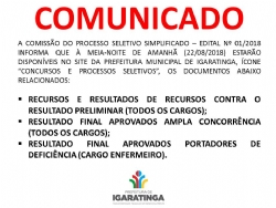 COMUNICADO: COMISSÃO DO PROCESSO SELETIVO SIMPLIFICADO – EDITAL Nº 01/2018