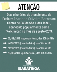 Dias e horários de atendimento da Pediatra Mariana Oliveira Barros no Centro de Saúde São Judas Tadeu, conhecido popularmente como