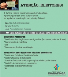 ATENÇÃO, ELEITORES! O Cartório Eleitoral estará funcionando em Igaratinga. Aproveite para fazer o seu título de eleitor ou regularizar sua situação com a Justiça Eleitoral.