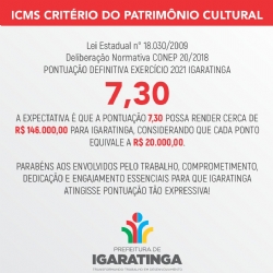 IGARATINGA ATINGIU PONTUAÇÃO 7,30 NO PROGRAMA ICMS PATRIMÔNIO CULTURAL EXERCÍCIO 2021