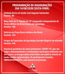 PROGRAMAÇÃO DE INAUGURAÇÕES DIA 14/08/2020 (SEXTA-FEIRA)