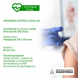 A Secretaria Municipal de Saúde de Igaratinga, dará continuidade a vacinação contra a Covid-19 nesta sexta-feira (06/08).