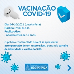 A Secretaria de Saúde, dará continuidade a vacinação contra a Covid-19 nesta próxima quarta-feira (06/10).