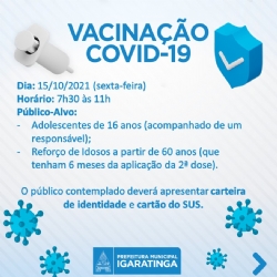 A Secretaria de Saúde, dará continuidade a vacinação contra a Covid-19 nesta próxima sexta-feira (15/10).