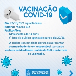 A Secretaria de Saúde, dará continuidade a vacinação contra a Covid-19 nesta próxima quarta-feira (27/10).