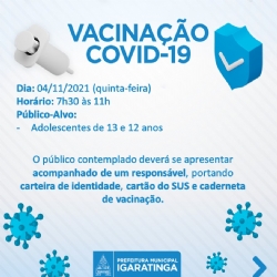 A Secretaria de Saúde, dará continuidade a vacinação contra a Covid-19 nesta próxima quinta-feira (04/11).