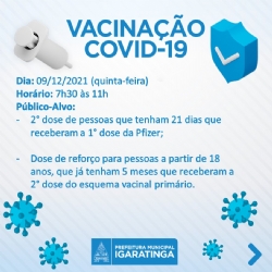 A Secretaria de Saúde, dará continuidade a vacinação contra a COVID-19 nesta próxima quinta-feira (09/12).