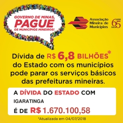 Dívida do Governo de Minas Gerais com Igaratinga é de R$ 1.670.100,58 (atualizada em 04/07/18)
